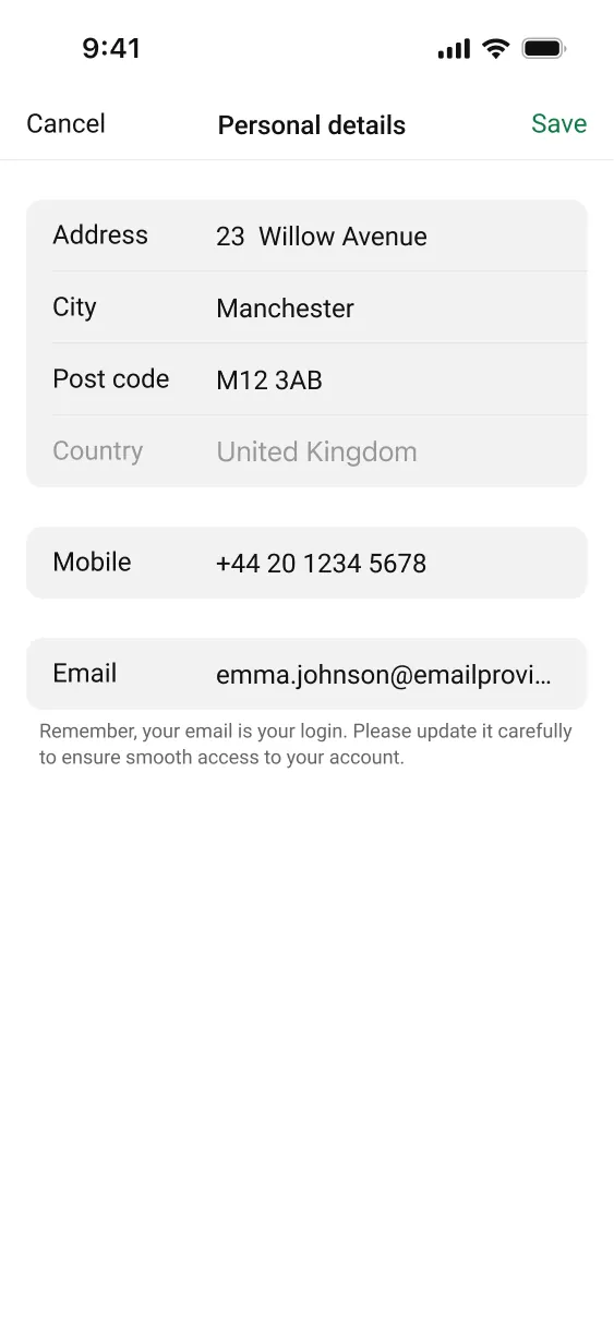 Unibet personal details edit screen